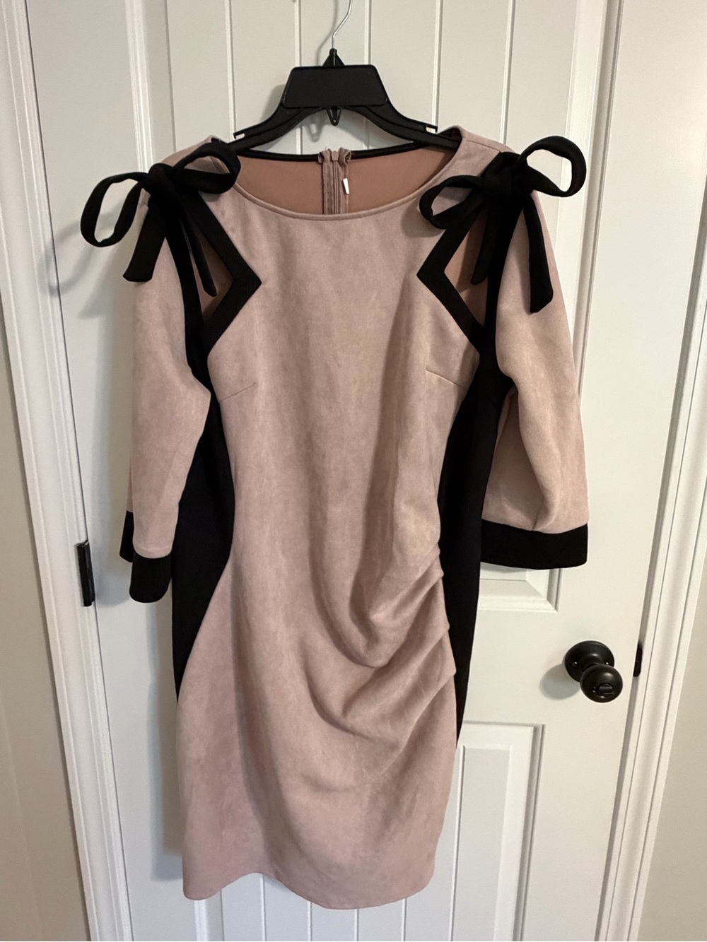 Blush Pink Midi Dress with Black Contrast Bow Shoulders